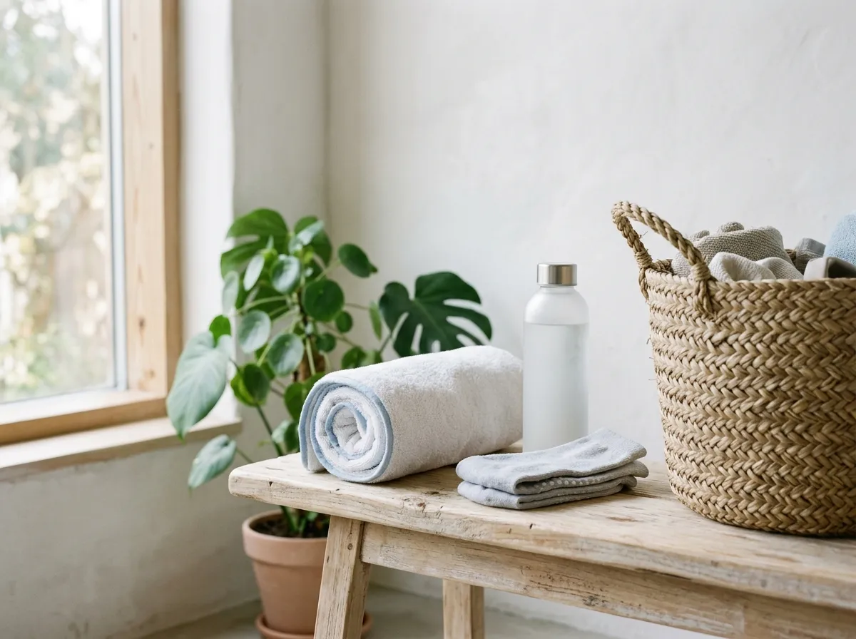 A rolled towel, water bottle and grip socks on a timber bench beside a woven basket