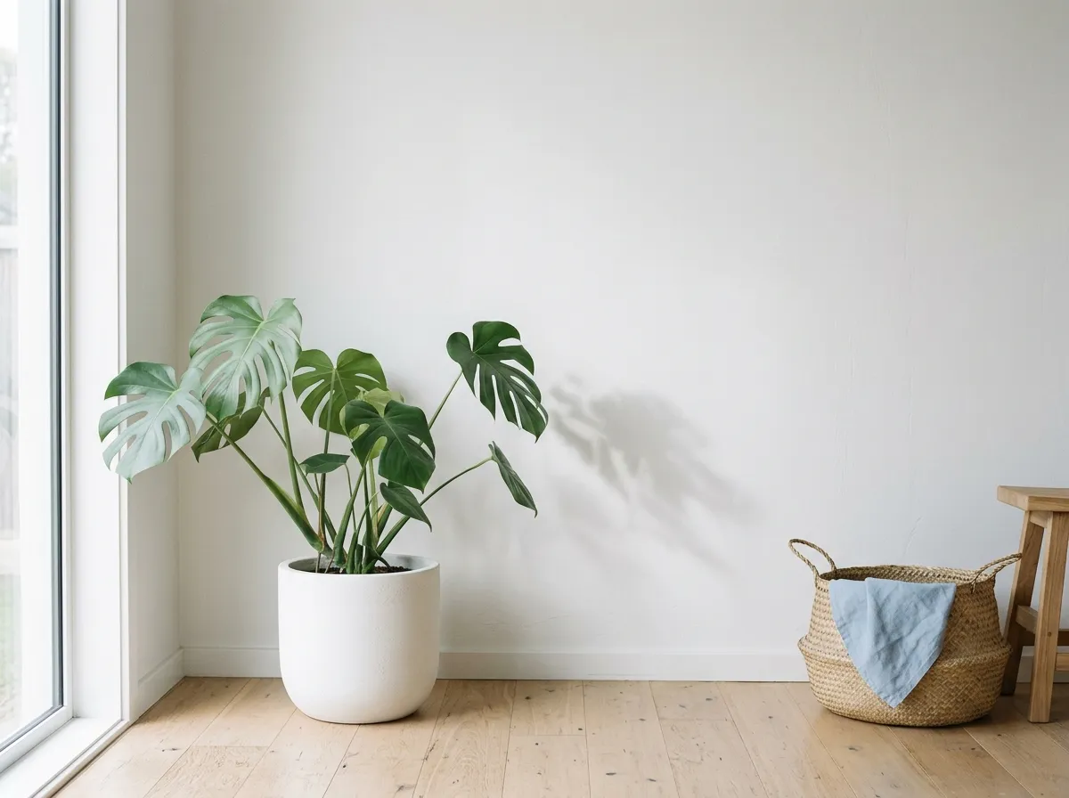 A monstera plant against a white studio wall